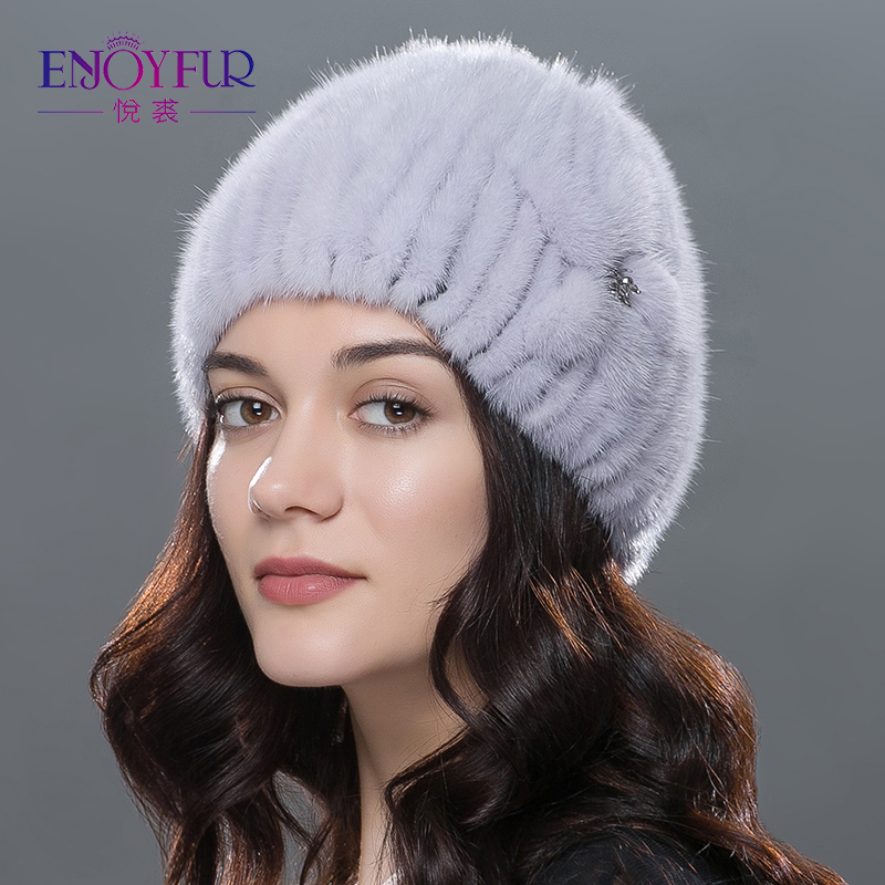 

ENJOYFUR Women winter fur hats real hand sewn knitted cap Fashion flower rhinestone thick warm female Russia beanies, 01
