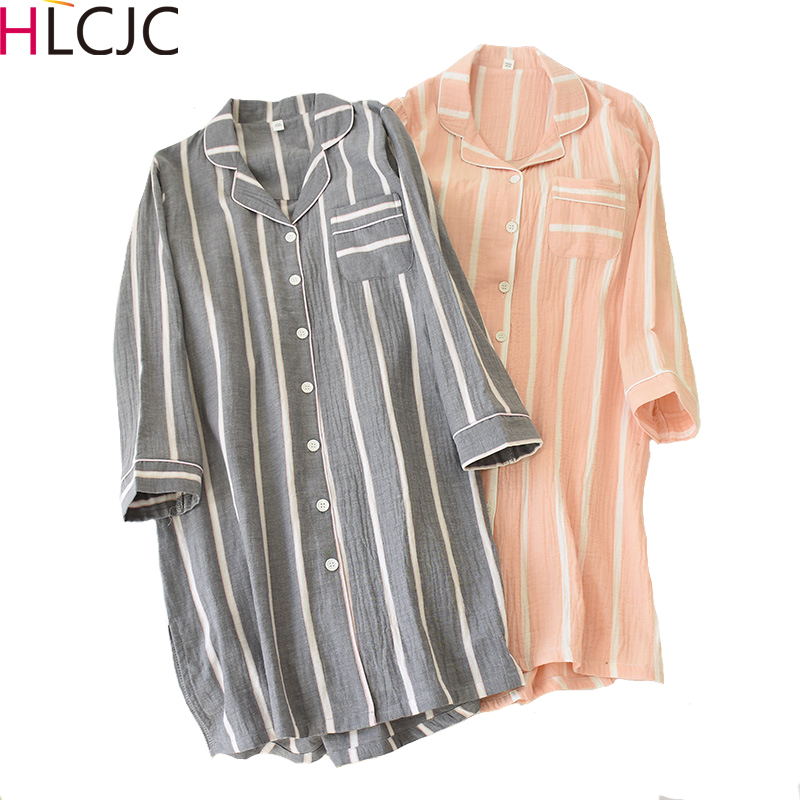 

Plus Size Ladies Stripe Sleepwear Long Sleeve Nightdress Negligee Summer Cotton Crepe Nightgown Casual Nightshirt Home Dress, Gray