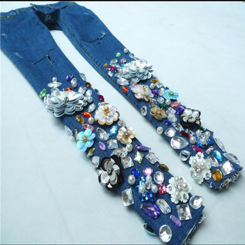 

fashion Beaded jeans women diamonds embroidery flower pencil feet skinny ankle length jeans, Blue