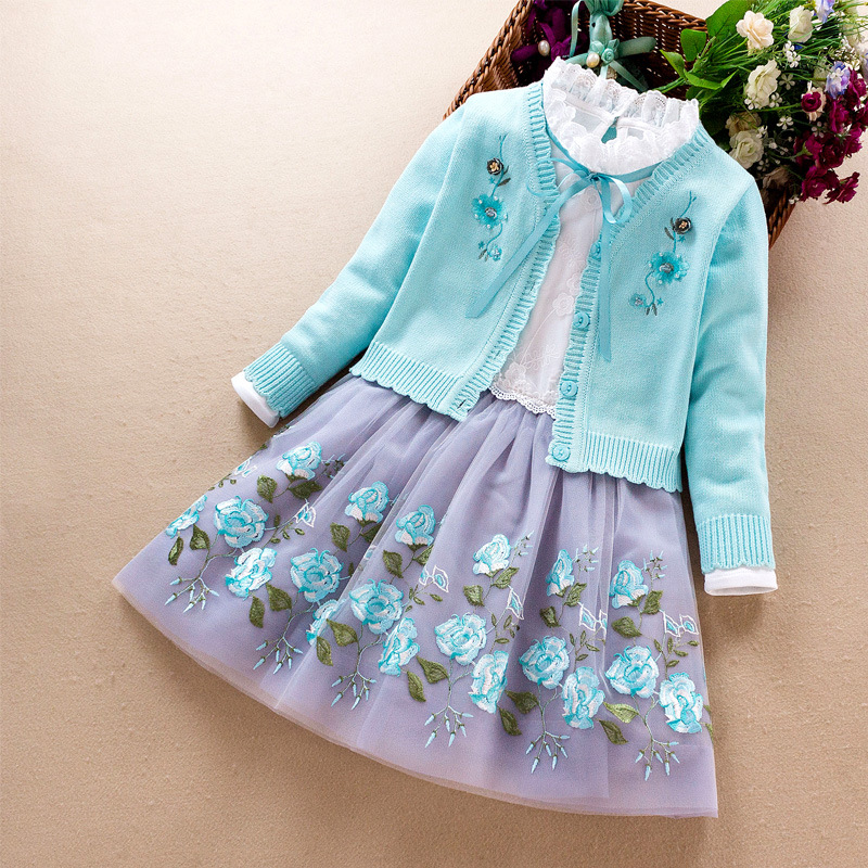 

Kids Girls Clothing Set autumn winter spring Baby Girl Long Sleeve Cotton Sweater Coat+Dress 2Pcs Suits Children Clothes 3-9Year, Blue