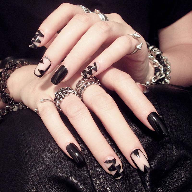 

24pcs/set False Nail with designs Shiny Black Wave line Acrylic artificial nails Fahion ladies daily Fake Nail With glue tips