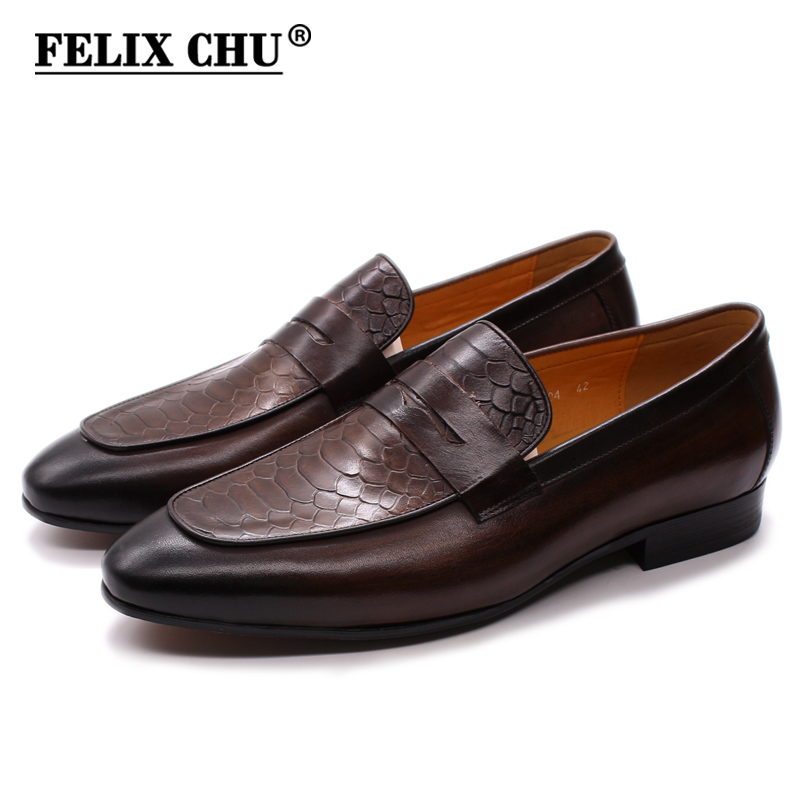 

FELIX CHU Luxury Mens Loafer Shoes Genuine Leather Snake Print Wedding Party Casual Men Dress Shoes Slip-On Footwear Comfortable, Black