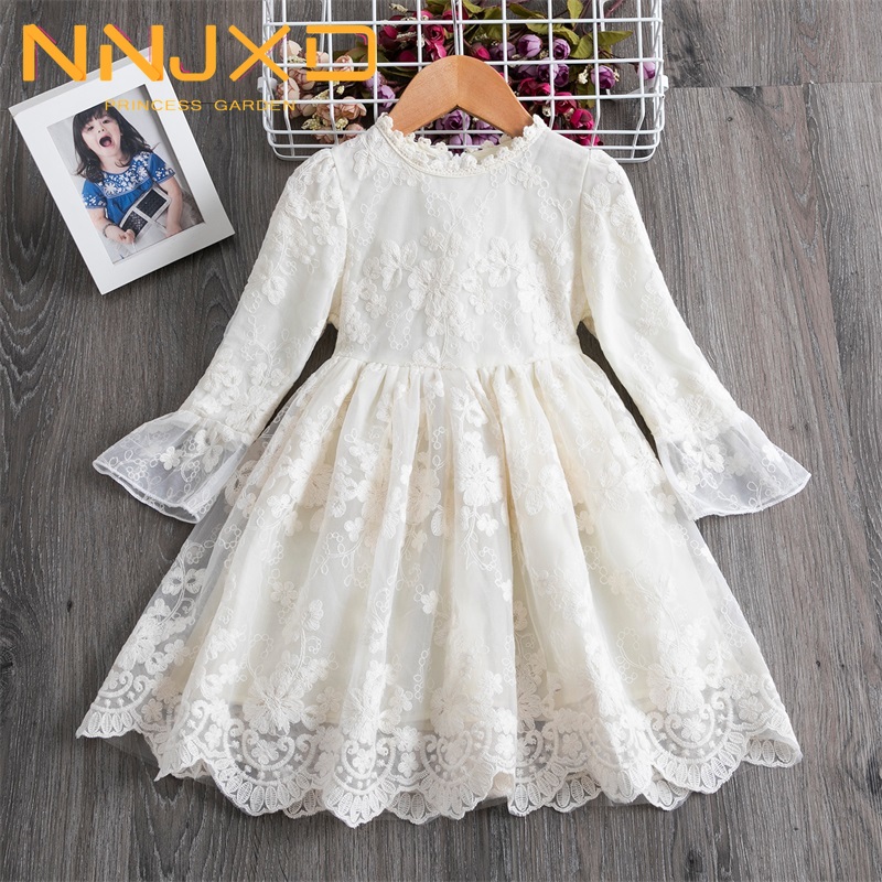 

Spring Autumn Full Sleeves Girls Clothing Beige Wedding Dress Flower Embroidery Design Kids Dresses For Girls Princess Clothes