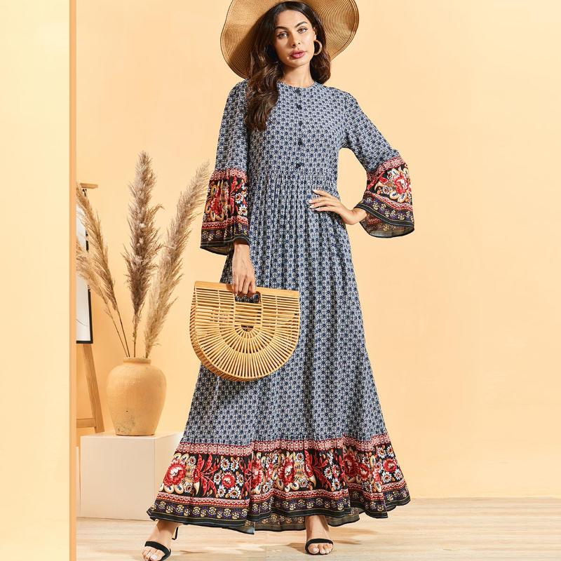 

Arab Muslim Dress Women Elegant Print Long Sleeve Maxi Vestidos Islamic Clothing Abaya Moroccan Kaftan Musulman Ramadan Elbise