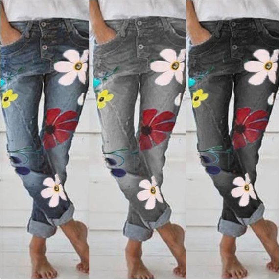 

Fashion Jeans Woman Flower Printing Slim Jean Femme Casual Pencil Pants, Black