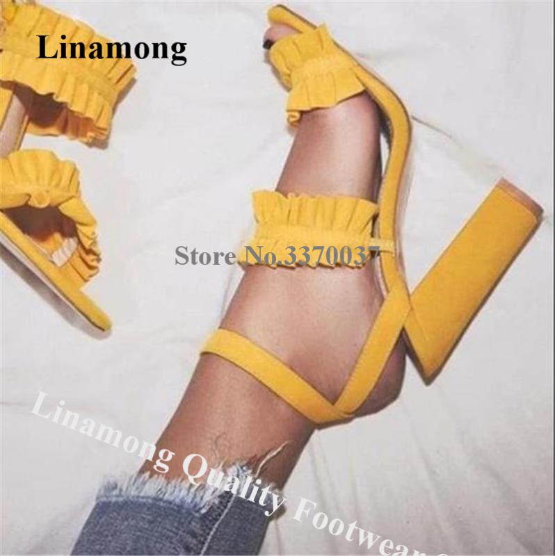 

Linamong Open Toe Charming Ruffles Chunky Heel Yellow Purple Suede Leather Thick High Heel Sandals Formal Dress Heels, Black