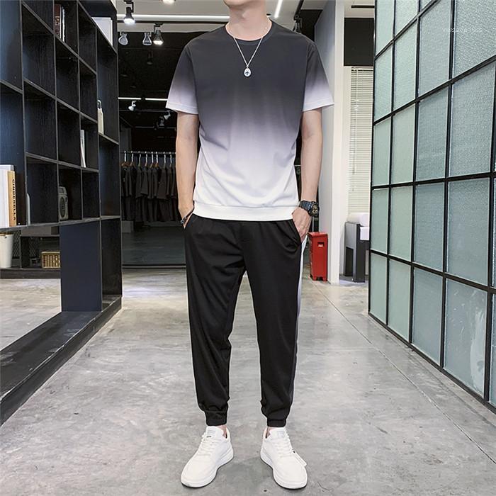 

Trousers Homme Sport Suit Mens Gradient Tracksuit Summer Short Sleeve Crew Neck Tshirt Loose