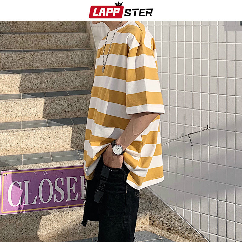 

LAPPSTER Men Streetwear Striped Tshirt 2020 Summer Mens Funny Hip Hop Loose T Shirt Male Vintage Fashion Tees Casual Yellow Tops MX200508