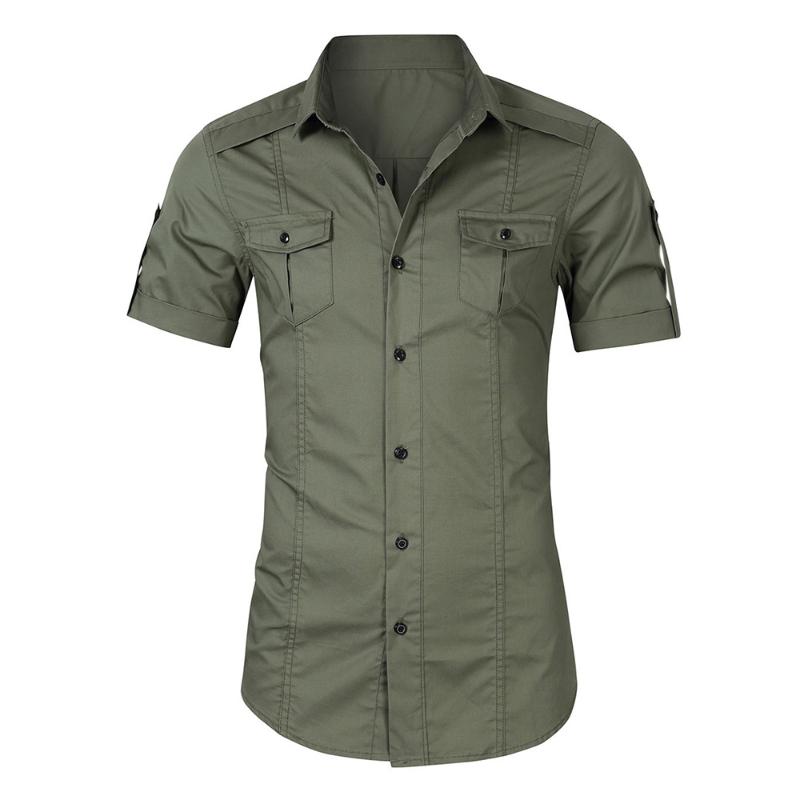 

Men' Summer Leisure Solid Color Shirt Turn-Down Collar Short Sleeve Button Pocket Casual Shirt Business Fashion Shirts, Black