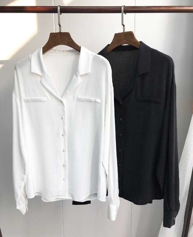 

100% Silk Women White/ Black Tailored Collar Long Sleeve Blouse