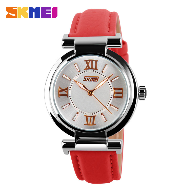 

SKMEI 9075 Women Watches Waterproof Leather Strap Fashion Quartz Watches Wristwatches Relogio Feminino XFCS, Red