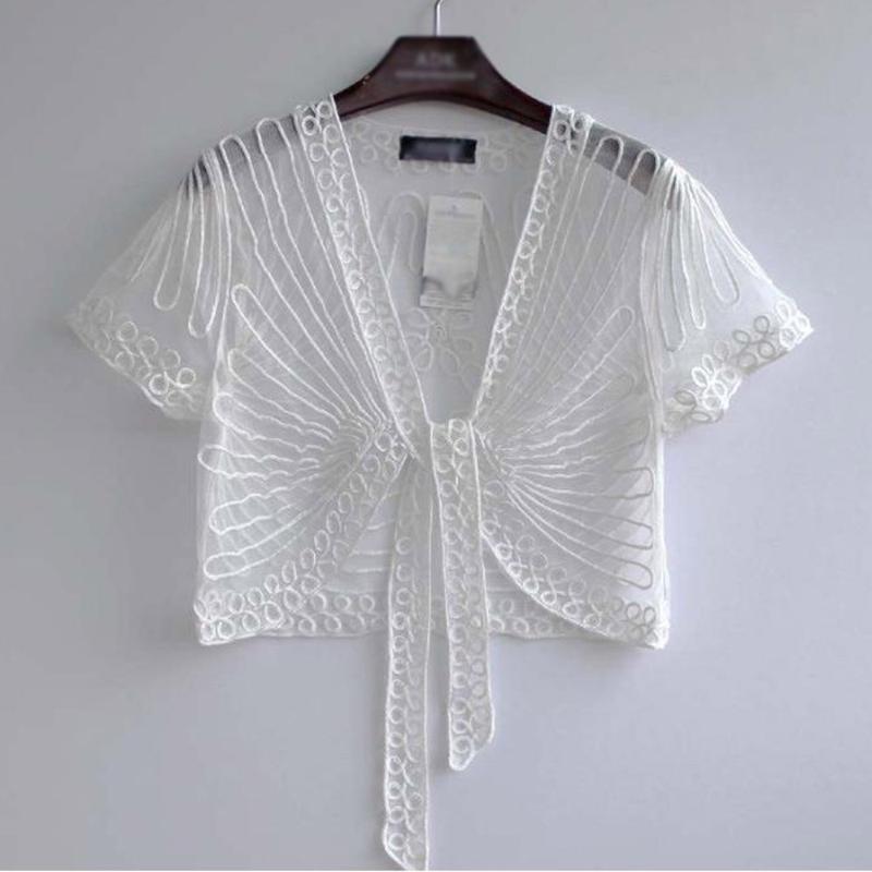 

Black White Crop Jacket Shrug Wedding Party Bolero Veste Femme Tie Up Hollow Out Lace Boleros Short Sleeve Jackets Female Coats, As picture