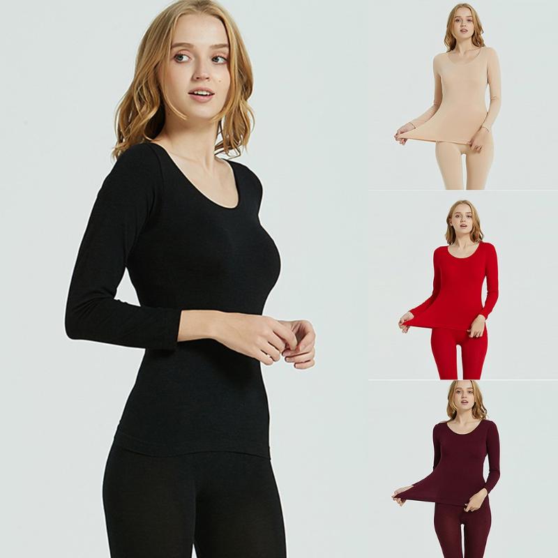 

Woman 2020 Seamless Elastic Thermal Inner Wear Thermal Underwear Seamless Solid Elastic Set Winter Warm Women Tops ropa mujer, Beige