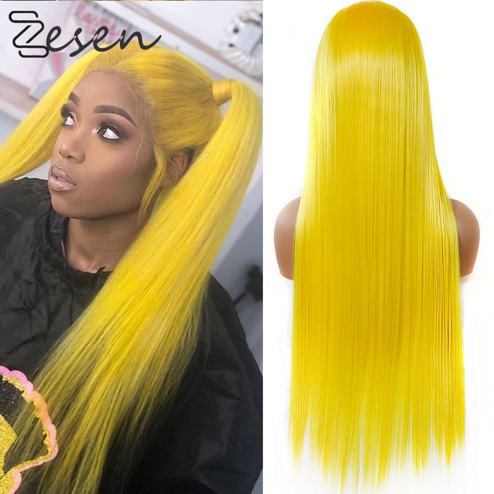 

Zesen 13*4 Lace Front Wigs for Women Yellow Synthetic Long Straight Wigs Middle Parting Heat Resistant Fiber Natural Looking