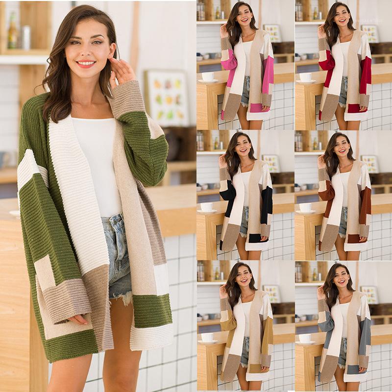 

Sleeve Spring Autumn Casual Sweater Ladies Fashion Clothes Womens Loose Cardigan Sweater Geometric Color Matching Long
