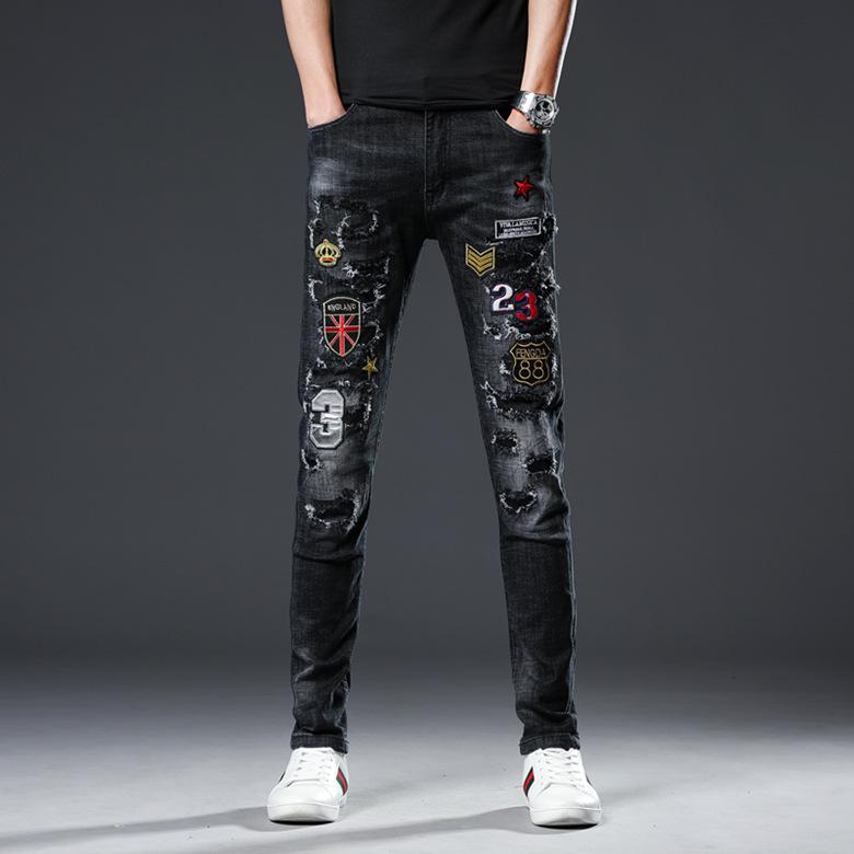 

New Men Plus Size Straight Jeans Male Distressed Denim Pants Biker Jeans, Black