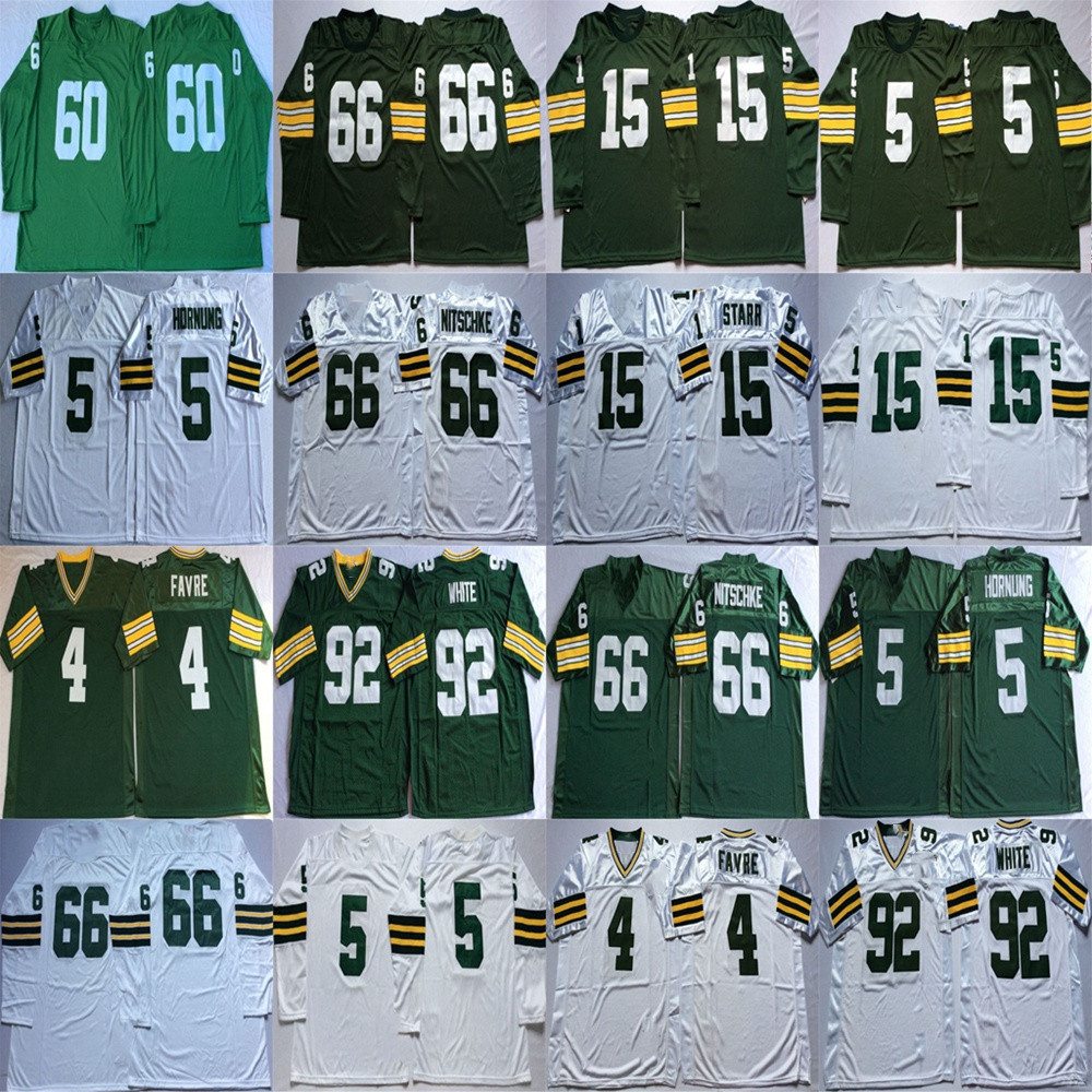 

NCAA 4 Brett Favre Jersey 5 Paul Hornung Bart Starr 66 Ray Nitschke Reggie White White Green Jersey Retro Football Jerseys Stitched Mens, Green #66