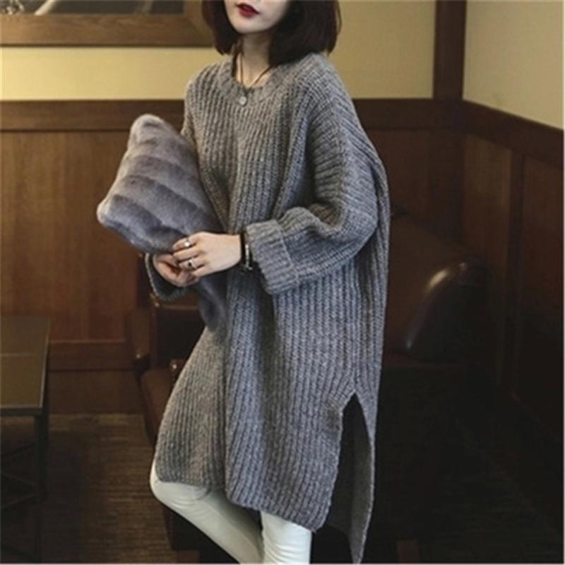 

2020 autumn and winter new knitted dress long-sleeved bat sleeve solid color round neck pullover sweater women sweater women, Black
