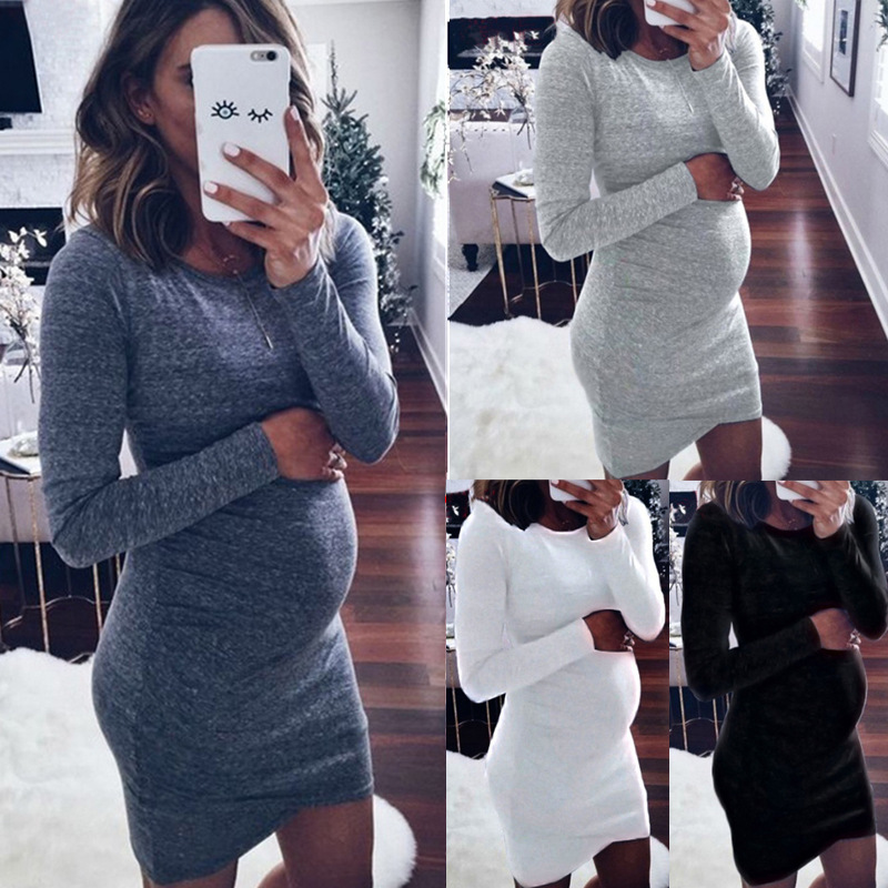 

New Pregnancy Shirt Mama Clothes Pregnancy Sundress Plus Size 5xl Casual Solid Color Maternity Dress Bodycon Autumn Winter Dress, Blue