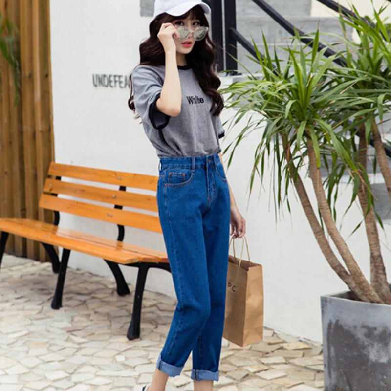 

Student Female Jeans New Loose High Waist Spring And Autumn Hot Sale Jeans Fashion Casual Solid Color Wild Female, Dark blue