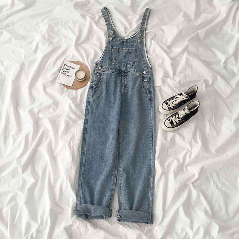 

HWLZLTZHT Women Fashion Jeans Femme Loose Solid Pockets Overalls Denim Pants Spring Korean Vintage Casual Streetwear Trousers, Blue