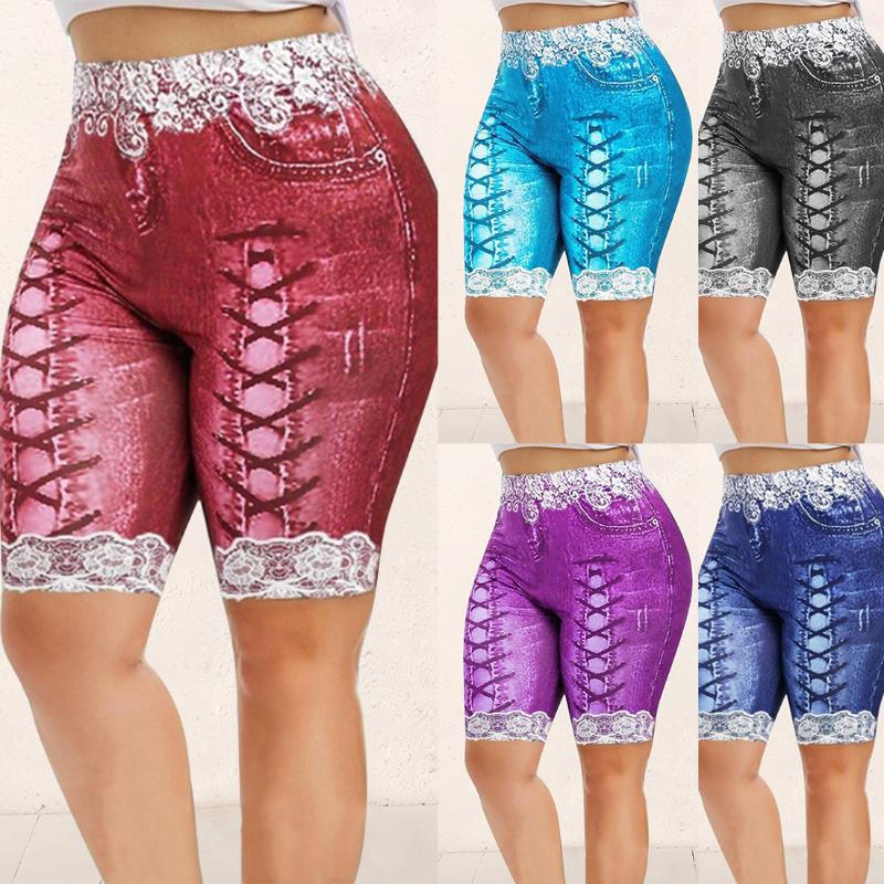 

Female Yoga Running Shorts Leggings Large Size Fashion Slim Elastic Trousers Cropped Pants 3D Denim Print Yoga Shorts, Blue