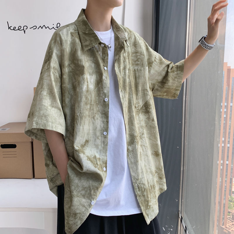 

Summer Tie-dye Shirt Men's Fashion Casual Shirts Mens Streetwear Wild Loose Short-sleeved Shirt Men Korean Dress -2XL, Black