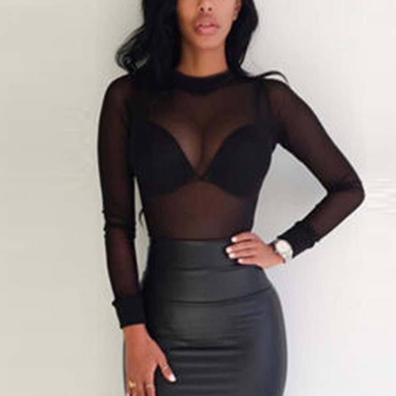 

Blackday New Fashion Sexy Women See through Sheer Mesh Long Sleeve Tee high-quality T Shirt Tops Clubwear, Black