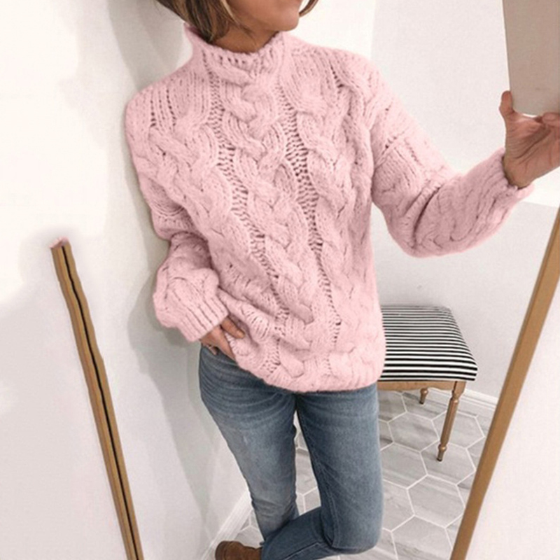 

Knitted Twist Warm Half Turtleneck Women Pullovers Solid Long Sleeve Ladies Knitwear 2020 Winter Casual Female Jumpers, Pink