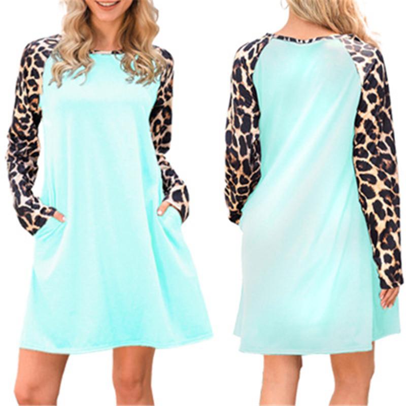 

Women Leopard Long Sleeve Dress Fashion Trend Contrast Pocket Holiday Dress Designer Spring New Female Beach Round Neck Loose Casual Dresses, Color 7
