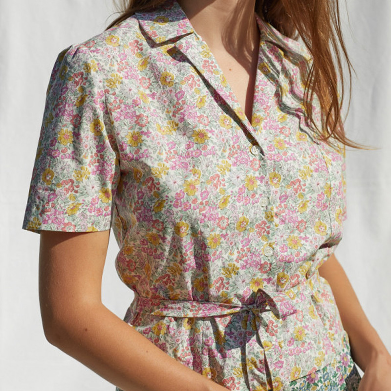 

Floral Printing V-neck women shirt Early autumn new Prairie Chic short sleeve lace-up lady blouse tops, Red