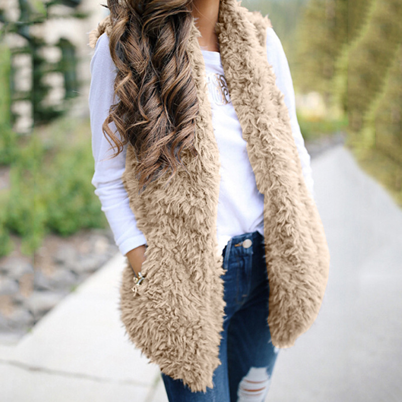 

Women faux fur Vests clothes Winter Thick fashion Sweater Coat Overcoat top Sweatshirt Fleece Shawl vest jacket warm Outerwear casual tops, Beige