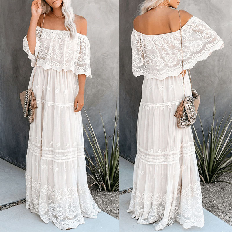 

Women Bohemian Lace Dress Fashion Sexy Off Shoulder Summer Dress Beach Casual Long Maxi Dresses Evening Party Robe, White