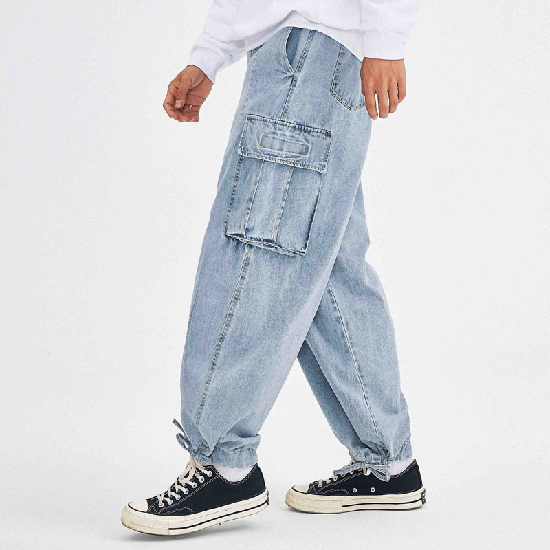 

Male Streetwear Hip Hop Vintage Fashion Casual Denim Pants Men Washed Multi-Pockets Adjustable Wide Leg Cargo Jeans, Sky blue
