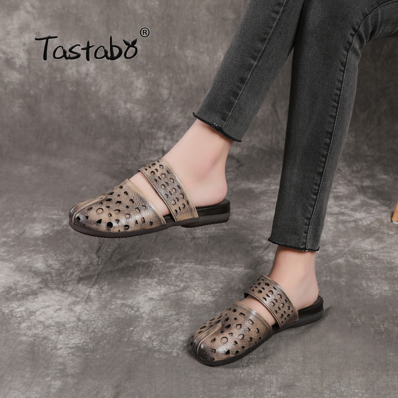 

Tastabo Outdoor Hollow Slippers Genuine Leather Shoes Handmade Slides Casual Wild Non-slip soft bottom Ladies beach shoes, Sand