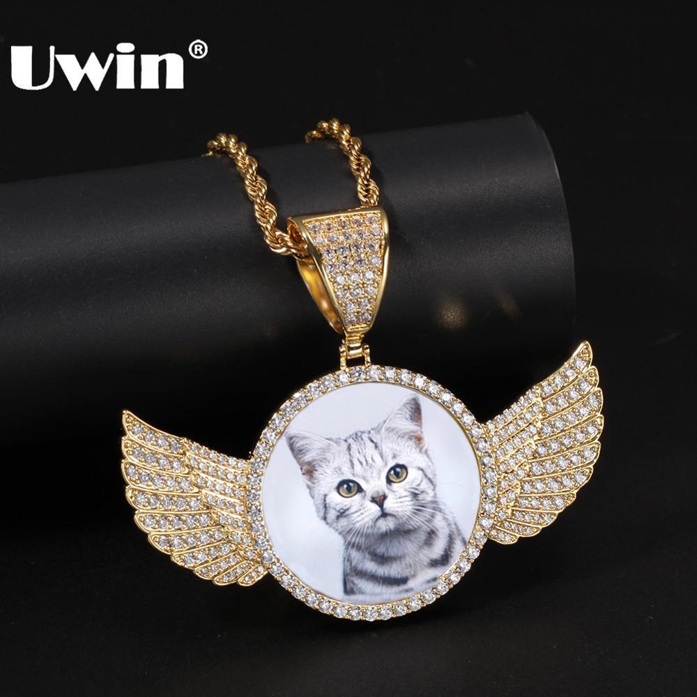 

UWIN Cubic Zirconia Custom Made Photo Pendant Necklace Soild Back Full Iced Out Wing Round Tag Hiphop Jewelry Gifts CX200725