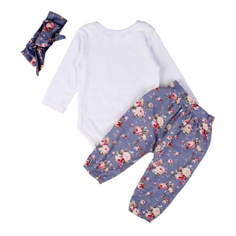

3PCS Baby Clothing Sets Newborn Infant Girls Cute Print Long Sleeve Harm Floral Pants Set + Hair Strap Clothes Bodysuit Sets