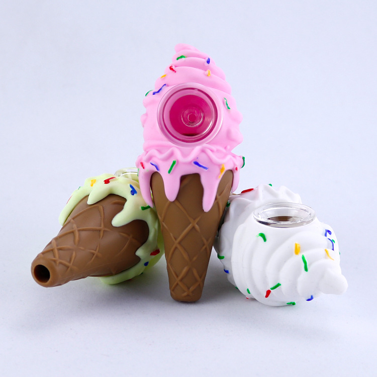 

Ice cream silicone pipes with thick glass bowl spoon Hand Pocket smoking tobacco pipe