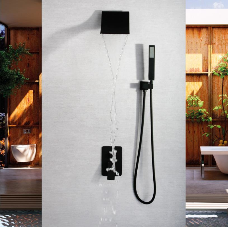 Luxury High Flow Showerhead Set Matt Black Solid Brass Big Waterfall Shower Head With 2 Way Hot Cold Shower Diveter and Hand Spary-image-554054271