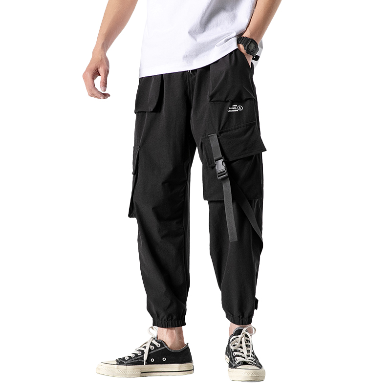 

Men Ribbons Color Block Black Pocket Cargo Pants 2020 Harem Joggers Harajuku Sweatpant Hip Hop Trousers Men Elastic Waist Pants, Gray