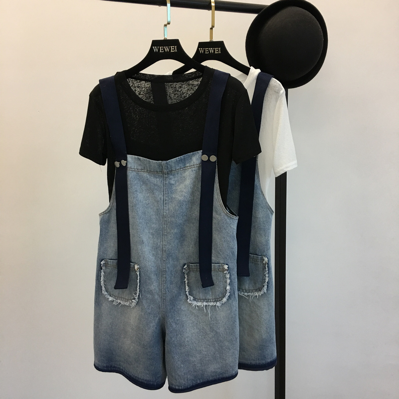 

2020 New Women Denim Shorts Overalls Fashion Female Casual Loose Slim Pockets Straps Jeans High Waist Large Size 4XL 5XL M66, Denim blue