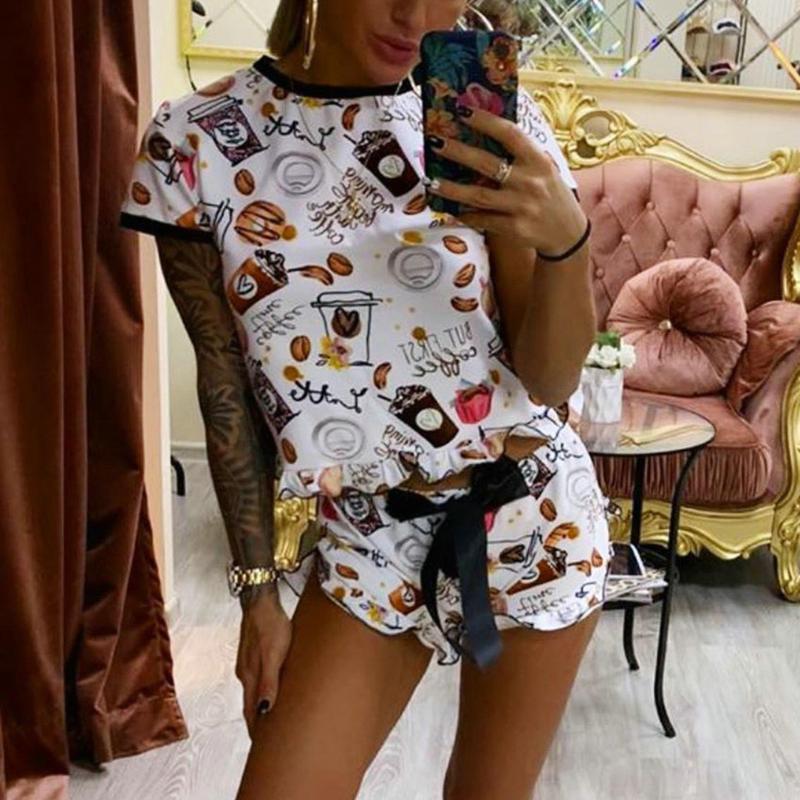 

2020 Summer Tracksuit Women Large Sizes Women Print O-neck Short Sleeve Blouse Top With Short Pants Set Sport Suits #3, White