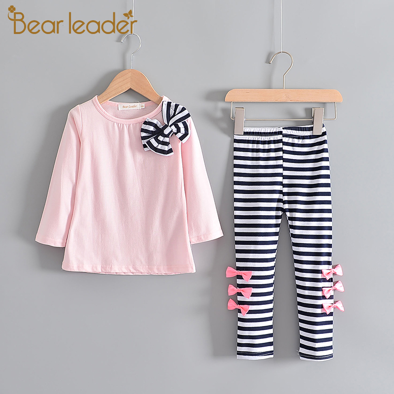 

Bear Leader Girls Casual Clothing Sets New Autumn Kids Fashion Bowtie T-shirt and Striped Pants Outfits Spring Cute Girl Suits, Navy blue -az1788