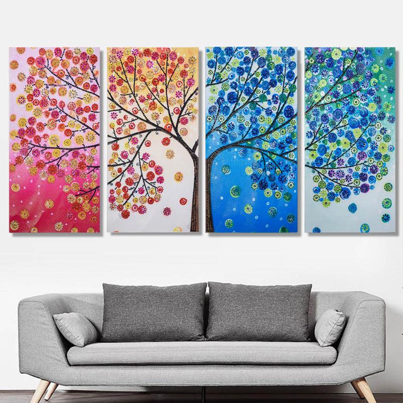 

4pcs/set Special Shaped Diamond Embroidery Colorful Tree Full Rhinestone 5D DIY Diamond Painting Cross Stitch Home Decor