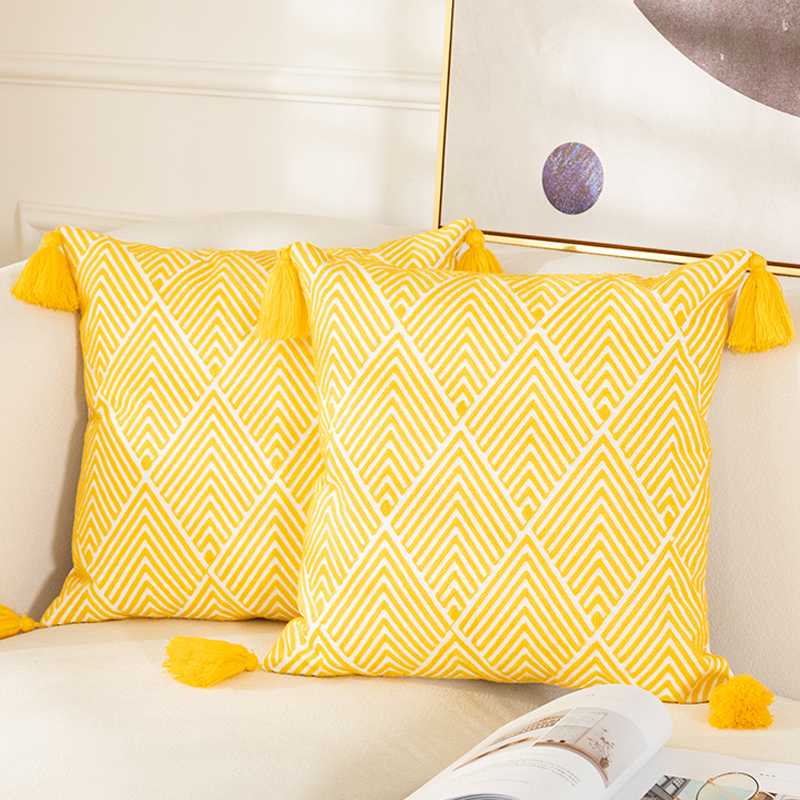 

Yellow Cushion Cover Geometric Canvas Cotton Embroidery Pillow Cover 45x45cm/30x50cm Decorative Pillowcase for Sofa Bed 2pcs