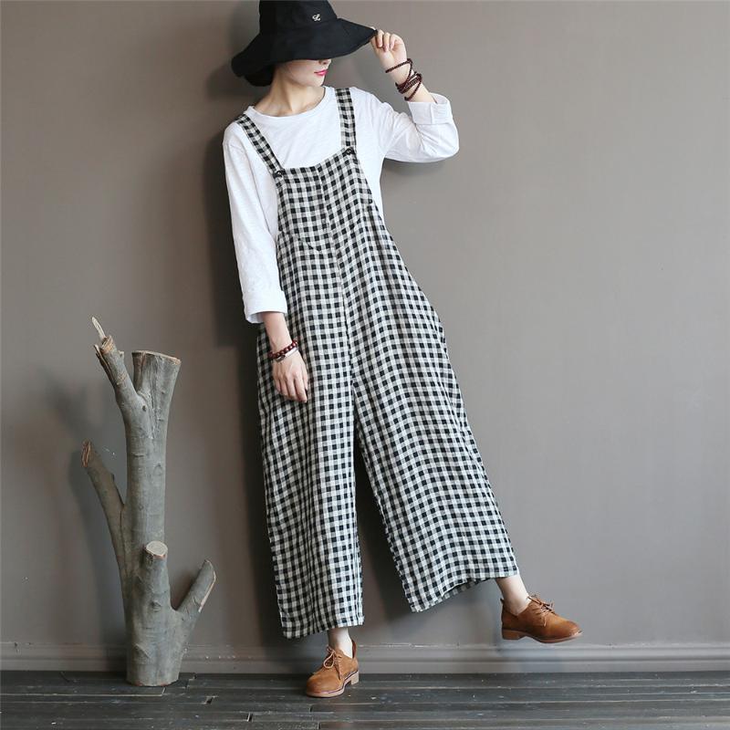 

Johnature Women Plaid Jumpsuits 2020 Autumn New Vintage Large Size Pockets Cotton Linen Women Cloths Casual Female Jumpsuits