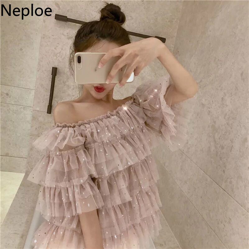 

Noploe Summer Women's Clothing Korean Shirts Off Shoulder Slash Neck Blouses Ruffles Sequined Lace Tops Sweet Fashion Blouse, Pink