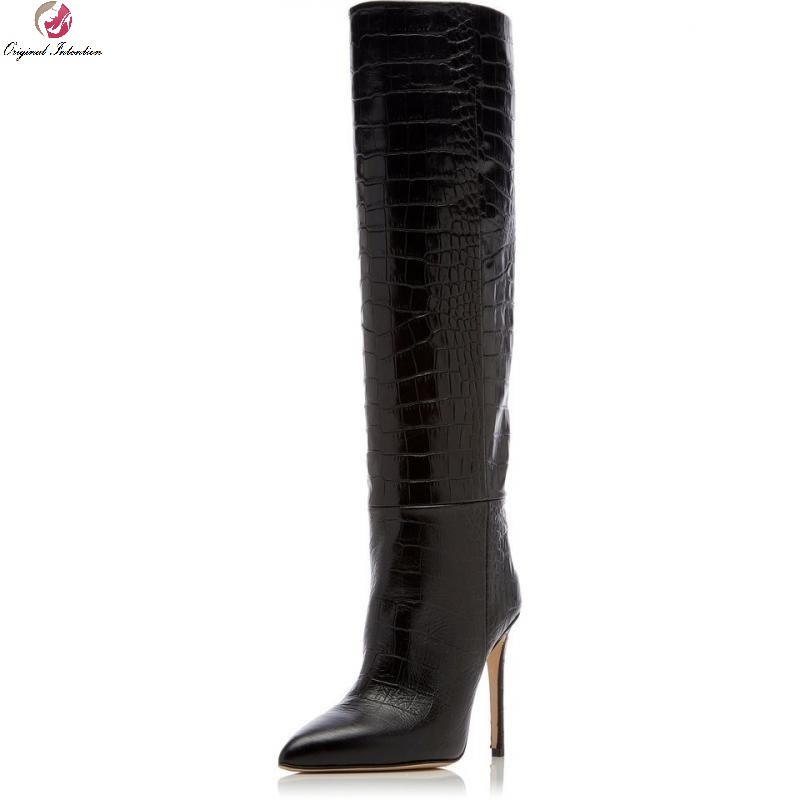 

Original Intention Women's Knee-High Boots Shoes Pointed Toe Thin Heels Black Patent Leather Basic Office Boots Plus Size 35-45, Ef8540 black