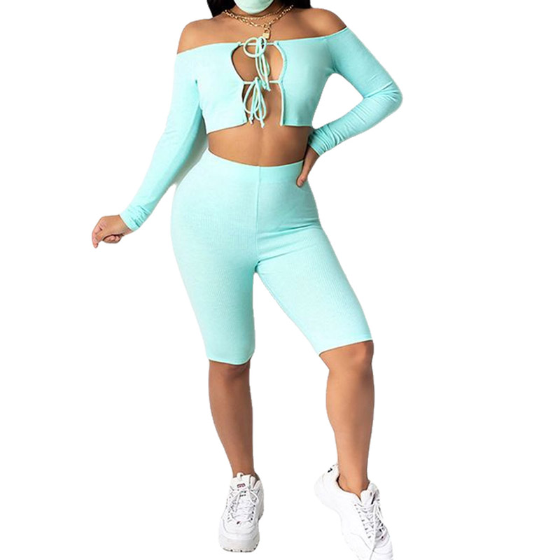 

Women Two Piece Outfits Short Sleeve T-shirt Shorts Suit Solid Color Bandage Top and Elastic High-waist Pants Sports Tracksuit, As pic