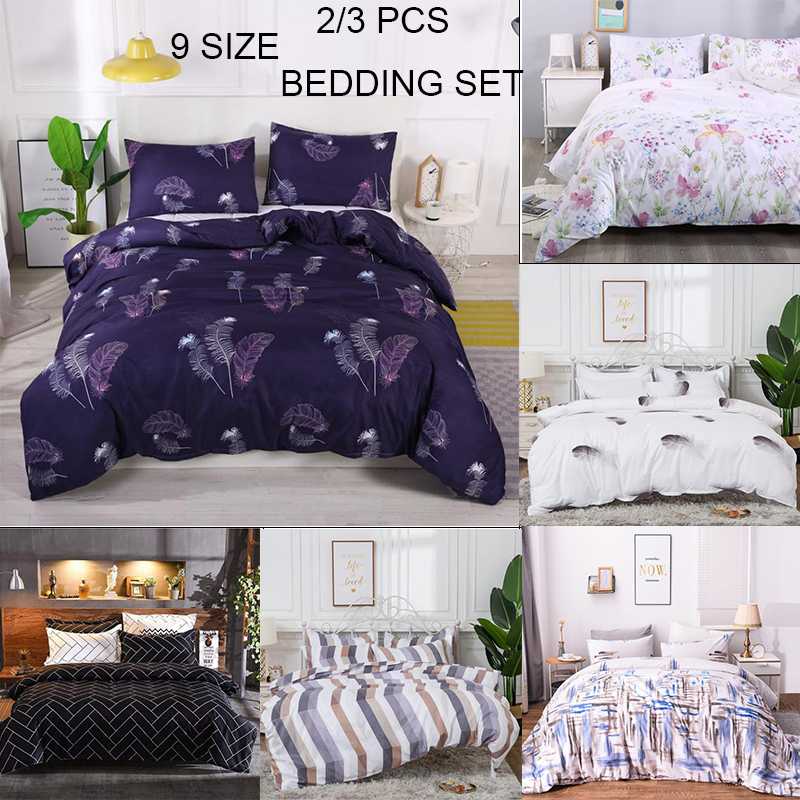 

Single/Full/Queen/King Polyester Bedding Set Feather Flower Stripe Printed Comforter Quilt Cover Pillowcase 2-3 PCS Bed Set, F4